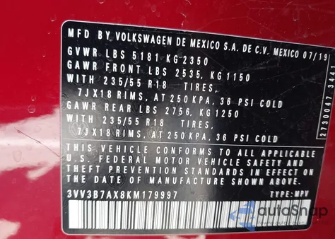 2019 Volkswagen Tiguan 2.0T Se/2.0T Sel/2.0T Sel R-Line/2.0T Sel R-Line Black from USA, damaged, VIN 3VV3B7AX8KM179997